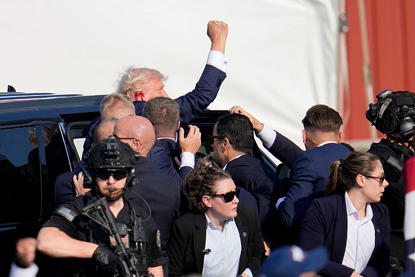 The now US President Donald Trump is photographed after surviving an assassination attempt in Pennsylvania in July 2024.
