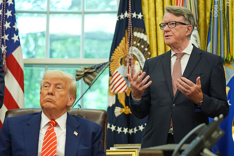 President Donald Trump listening to Britian's ambassador to the Peter Mandelson in the Oval Office of the White House, 8 May, 2025