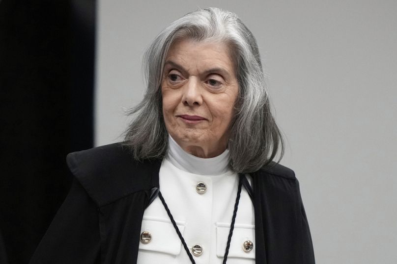 Justice Carmen Lucia attends the verdict and sentencing phase of a trial for an alleged coup plot to keep former President Jair Bolsonaro in office, Brasilia, Sept. 11, 2025
