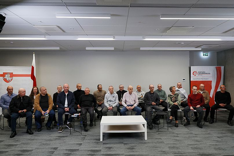Released Belarus prisoners give a press conference in Vilnius on 12 September 2025.
