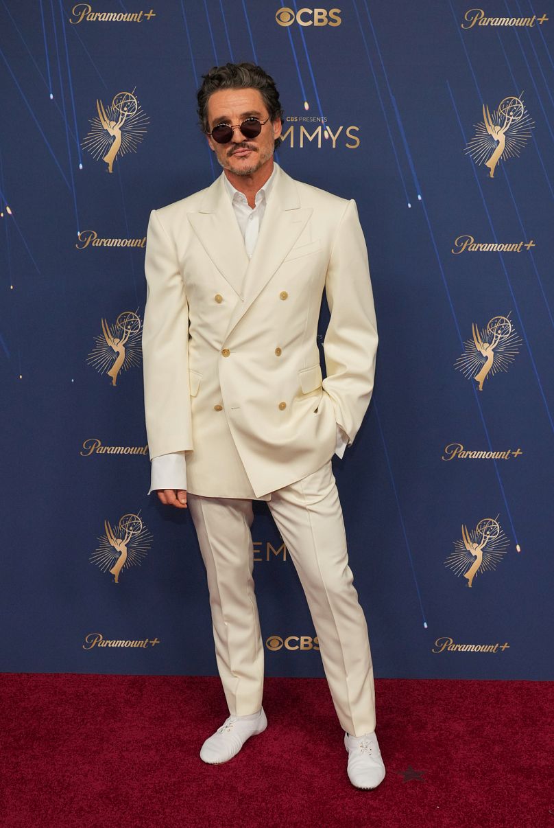 Outstanding Drama Actor nominee Pedro Pascal looked sharp in an off-white double-breasted Celine suit