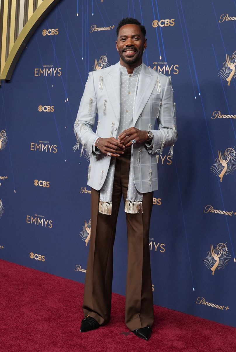 Ever the style icon, Colman Domingo rocked up in a powder-blue Valentino suit with sparkling crystal details.