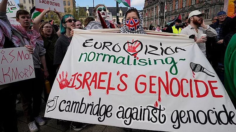 Pro-Palestinian demonstrators gather for a protest against the participation of Israeli contestant Eden Golan ahead of the final of Eurovision in Malmo, Sweden - 11 May 2024