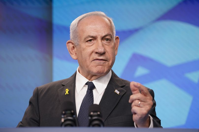 Israeli Prime Minister Benjamin Netanyahu gestures during a joint press conference with US Secretary of State Marco Rubio in Jerusalem, Monday, Sept. 15, 2025
