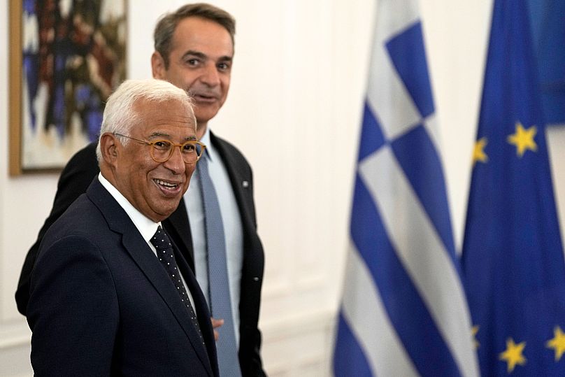 European Council President António Costa and Greece's Prime Minister Kyriakos Mitsotakis arrive for their meeting in Athens, 15 September, 2025