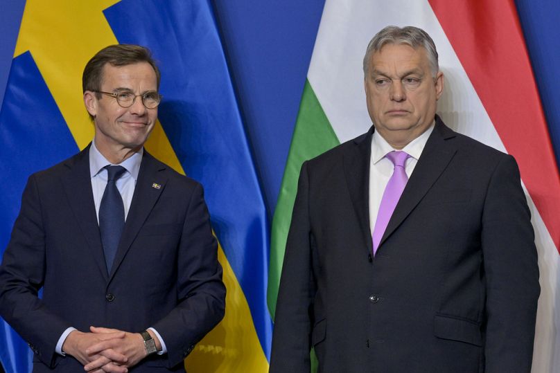 Kristersson und sein ungarischer Amtskollege am 23. Februar 2024, im Karmeliterkloster in Budapest