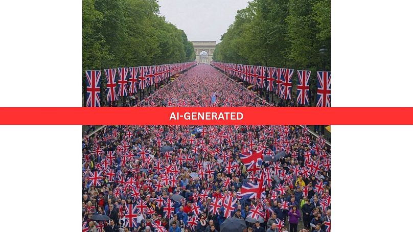 Un'immagine generata dall'intelligenza artificiale che ritrae i manifestanti del Regno Unito in una strada che assomiglia a Parigi