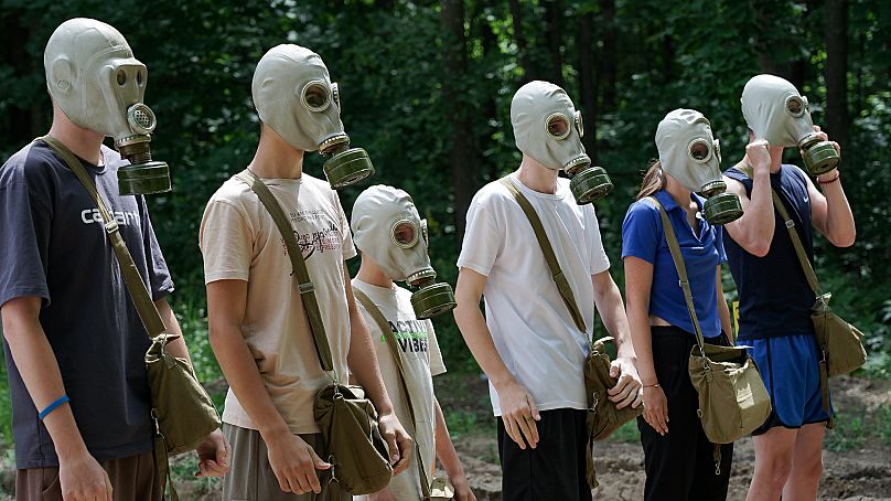Children from Ukraine and  Russia undergo military  training at a camp in Tambov region, Russia. 