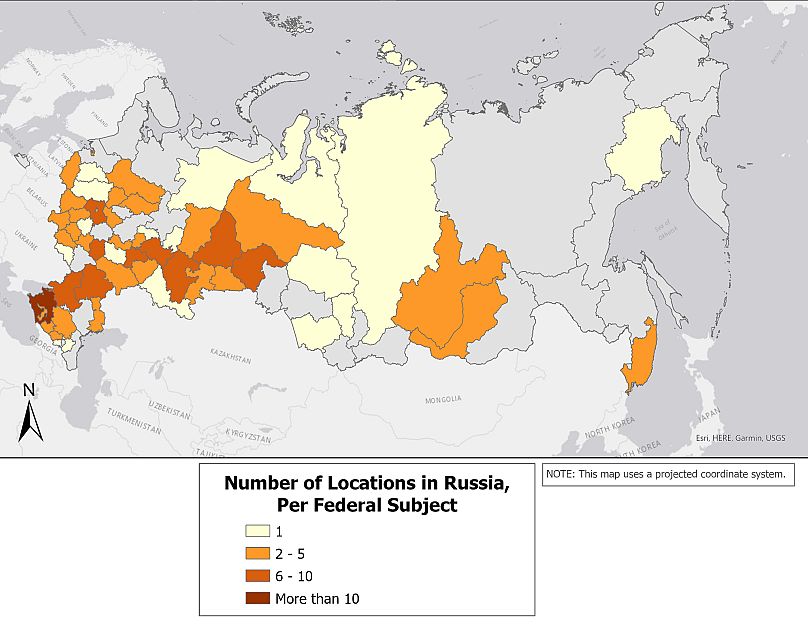 n Locations to which Ukraine's children were taken in Russia