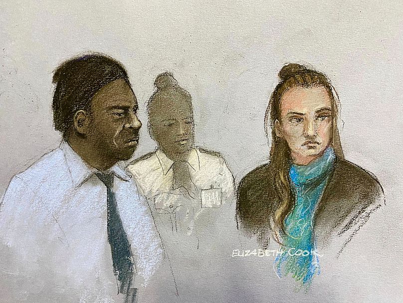 This court artist sketch shows Mark Gordon and Constance Marten appearing at the Old Bailey in London, 15 September, 2025