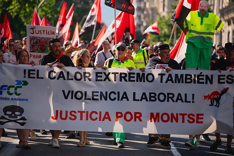 People march in Barcelona to protest the death of street cleaner Montse Aguilar on 16 July 2025.