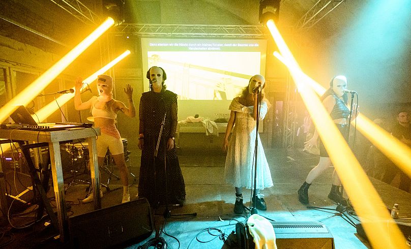 Diana Burkot, from left, Anton Ponomarev, Maria Alyokhina and Olga Borisova perform at Funkhaus Berlin, in Berlin - May 2022