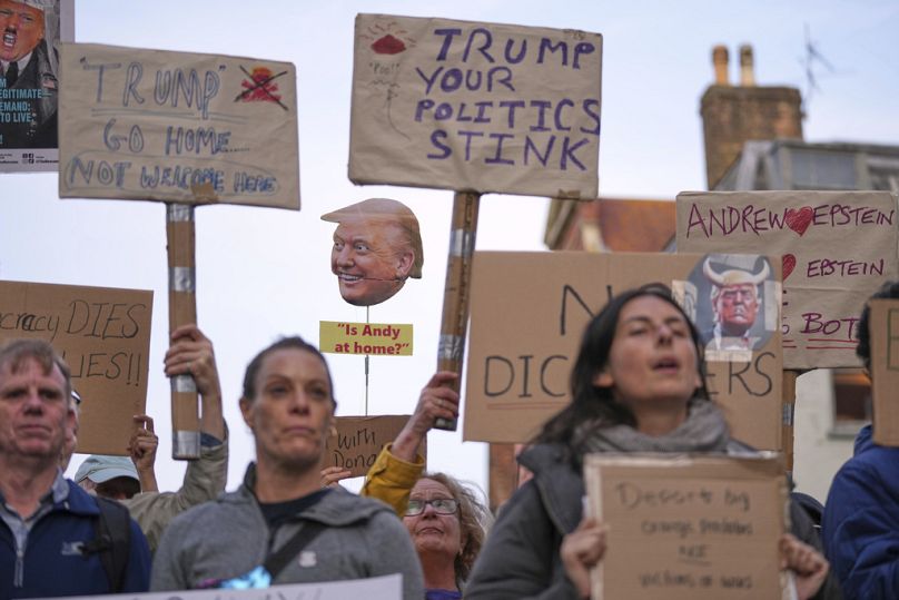 During a protest before the arrival of President Donald Trump in Windsor, England, Tuesday, Sept. 16, 2025.