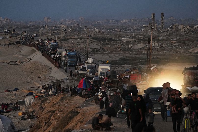 Displaced Palestinians flee northern Gaza along the coastal road toward the south, 16 September, 2025
