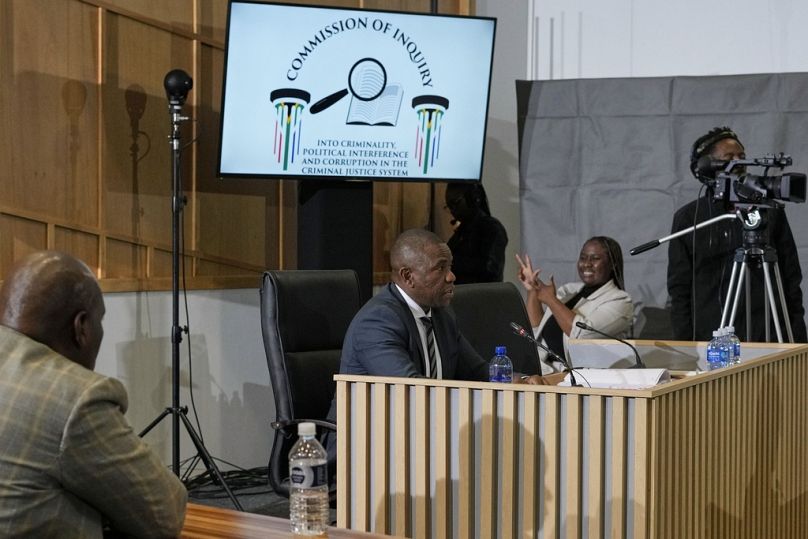 Nhlanhla Mkhwanazi speaks at the police corruption inquiry in Pretoria, South Africa, Wednesday, Sept. 17, 2025.