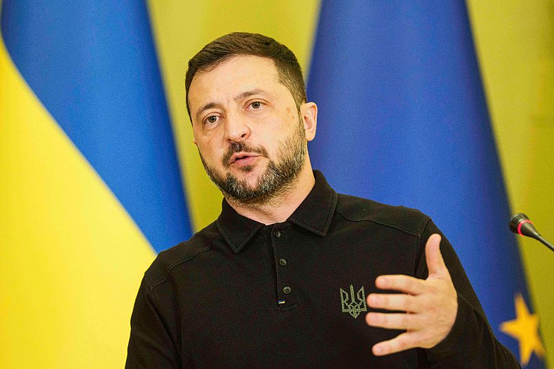 Ukraine's President Volodymyr Zelenskyy speaks during a joint press conference with European Parliament President Roberta Metsola in Kyiv, 17 September, 2025