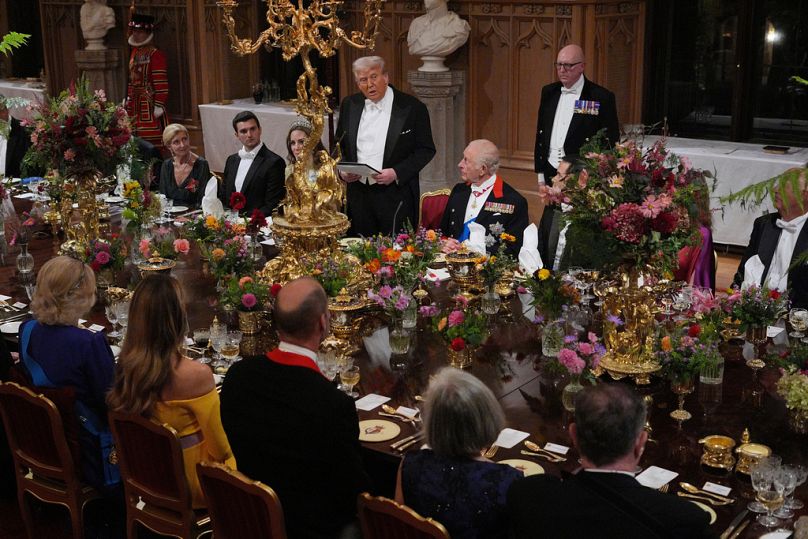 U.S. President Donald Trump delivers his speech as Britain's King Charles and Kate, Princess of Wales, listen during the State Banquet in Windsor Castle, England, on day one o