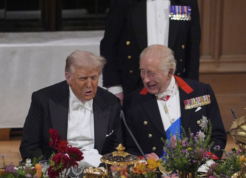 U.S. President Donald Trump, left, and Britain's King Charles speak during the State Banquet in Windsor Castle, England, on day one of U.S. President Donald Trump and First La