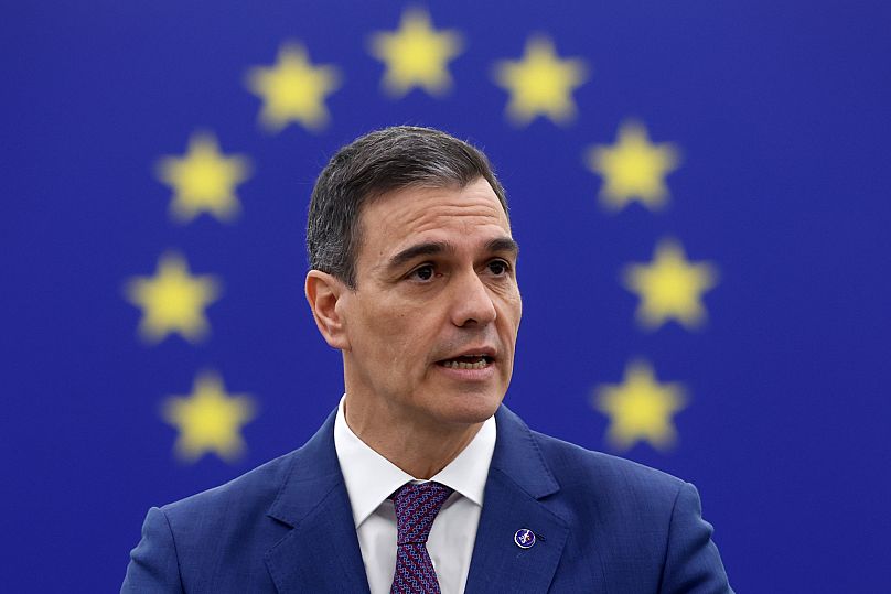 Spain's Prime Minister Pedro Sánchez addresses the European Parliament in Strasbourg, 13 December, 2023 