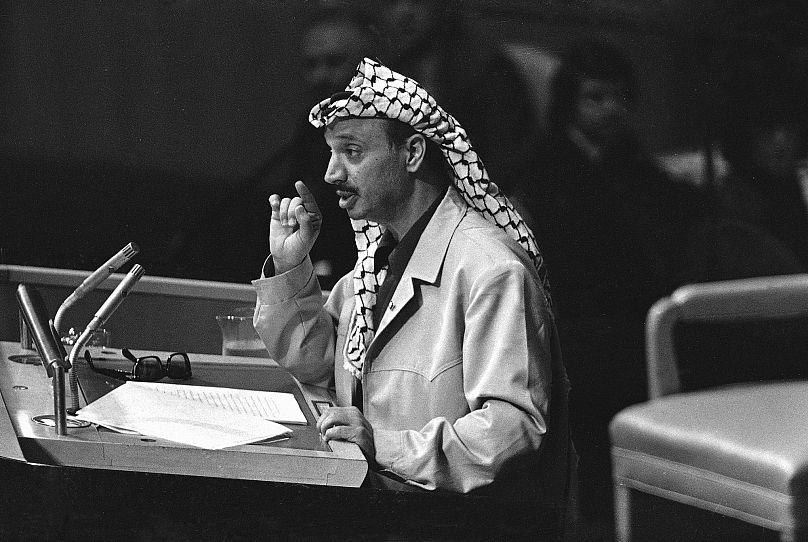 Yasser Arafat, chairman of the Palestine Liberation Organisation, speaks at the United Nations General Assembly in New York, 14 November, 1974