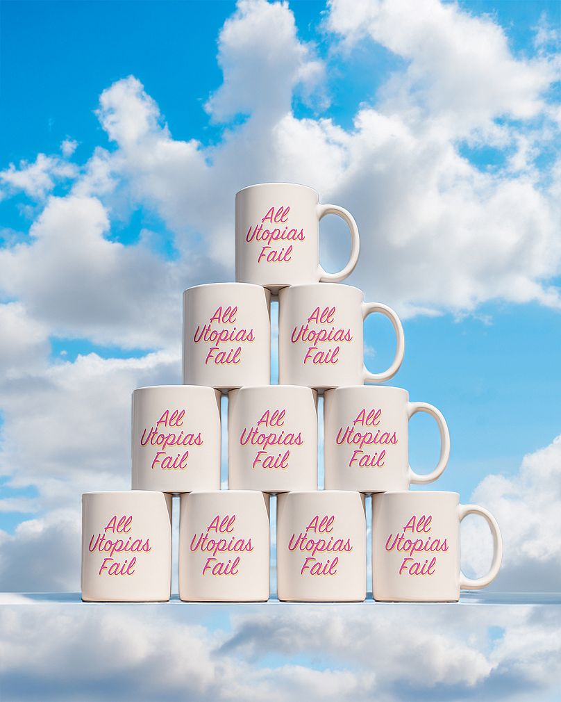 MISC Gallery, Tamara Kametani, All Utopias Fail, 2025, installation, 350 ceramic mugs with screen printing, 160 x 140 cm