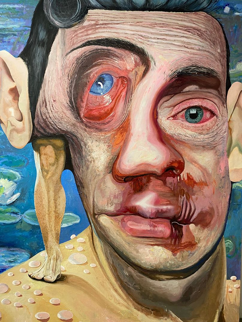 Gallery Ersi, Michail Parlamas, Selfie With Water Lilies - After Monet, 1998 - 2021, acrylic & oil on canvas, 190 x 230 cm