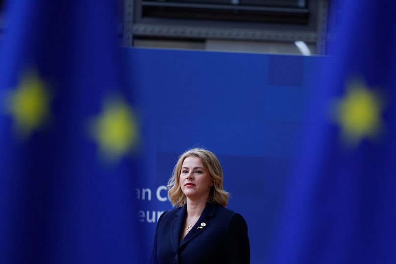 Latvia's Prime Minister Evika Silina arrives for an EU summit at the European Council building in Brussels, 26 June, 2025