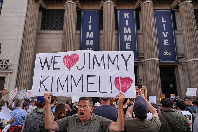 Protests outside El Capitan Entertainment Centre, where the late-night show "Jimmy Kimmel Live!" is staged