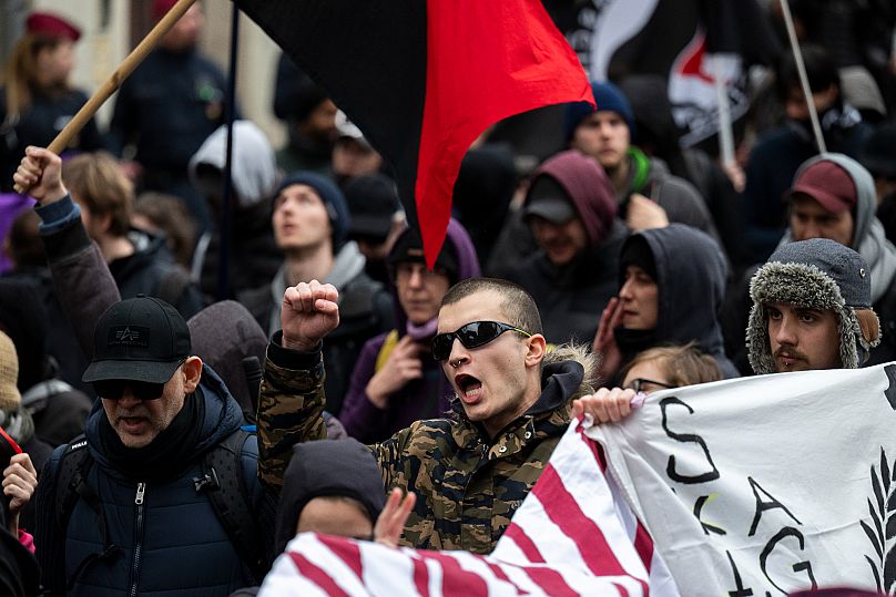 Hundreds of antifascist activists gather to oppose an annual commemoration held by far-right groups in Budapest, 10 February, 2024