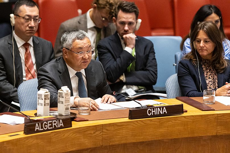 China's ambassador to the United Nations Fu Cong speaks in the Security Council, 10 August, 2025