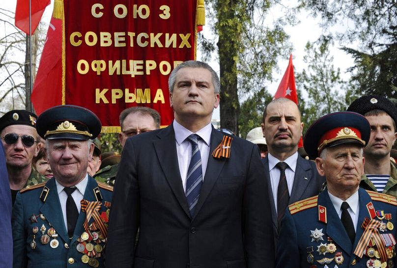 Chefe do governo não reconhecido da Crimeia, Sergey Aksyonov, durante a celebração do aniversário da libertação de Simferopol, Crimeia, 13 de abril 2014