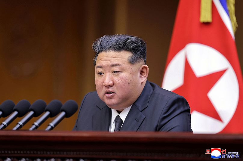 North Korean leader Kim Jong Un speaks during a parliament session at the Supreme People’s Assembly in Pyongyang, 20-21 September, 2025 