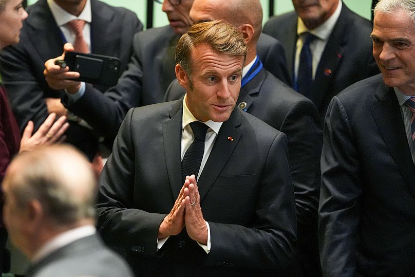 French President Emmanuel Macron, arrives inside the United Nations General Assembly Hall, Monday, Sept. 22, 2025, at UN headquarters. 