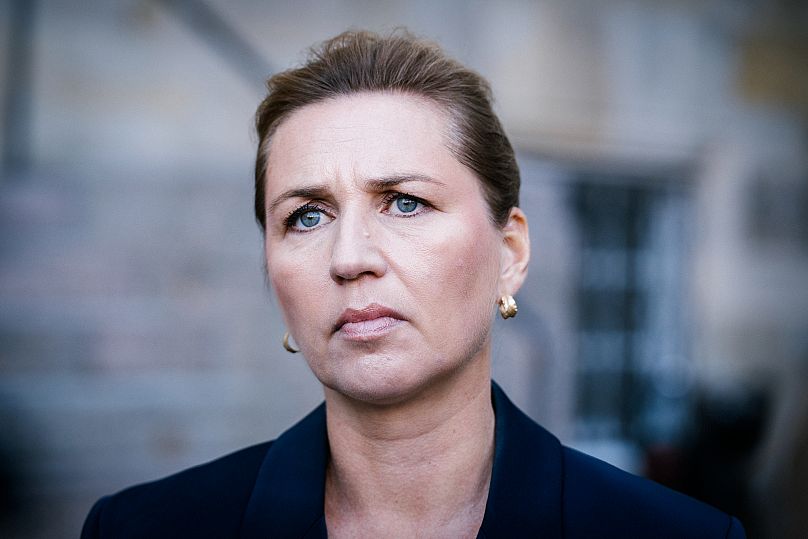 Danish Prime Minister Mette Frederiksen holds a doorstep and comments on drone activity Monday evening at Copenhagen Airport, in Copenhagen, Tuesday, Sept. 23, 2025. 