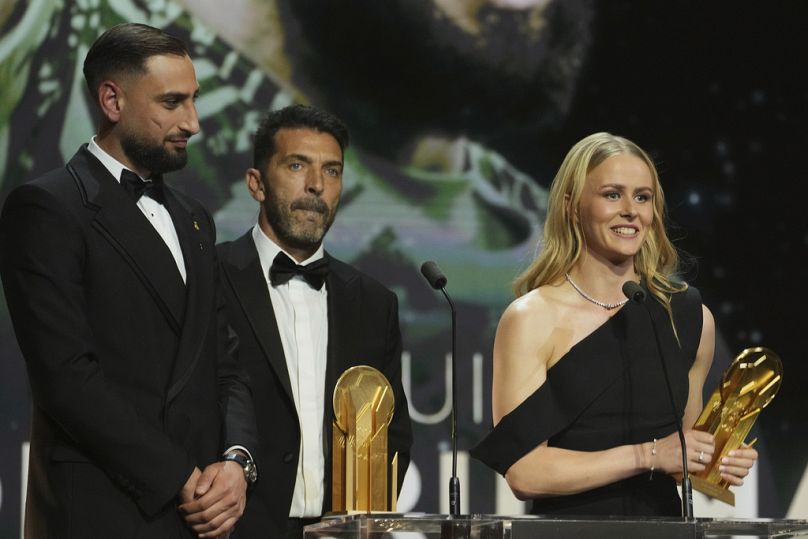 Chelsea's Hampton and Man City's Donnarumma receive the Yashin Trophy during the 69th Ballon d'Or award ceremony at Theatre du Chatelet in Paris, Monday, Sept. 22, 2025