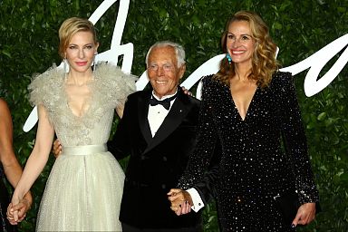 FILE: Actresses Cate Blanchett, left, with Giorgio Armani, and Julia Roberts at British Fashion Awards, 2019 