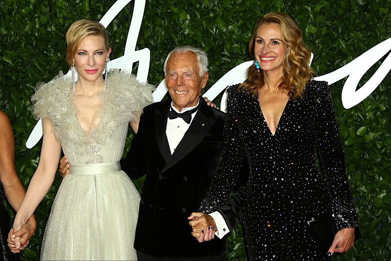 FILE: Actresses Cate Blanchett, left, with Giorgio Armani, and Julia Roberts at British Fashion Awards, 2019 