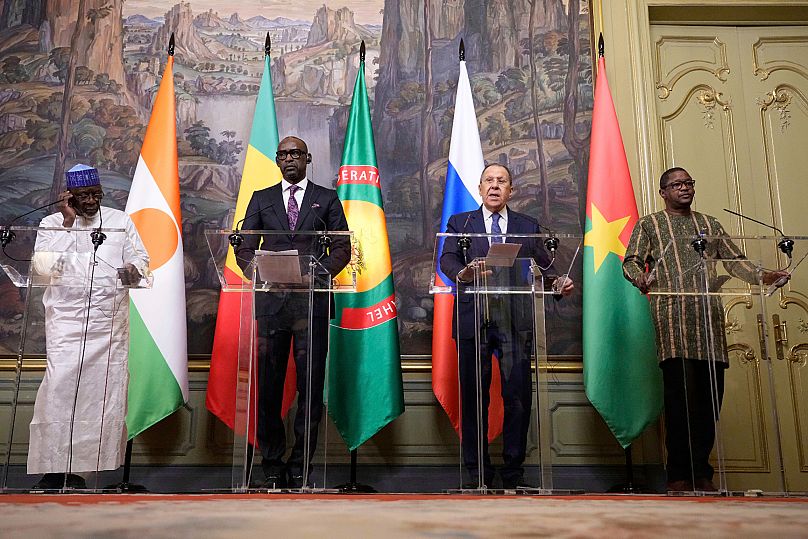 The foreign ministers of Niger, Mali and Burkina Faso with Russian Foreign Minister Sergey Lavrov in Moscow, 3 April, 2025