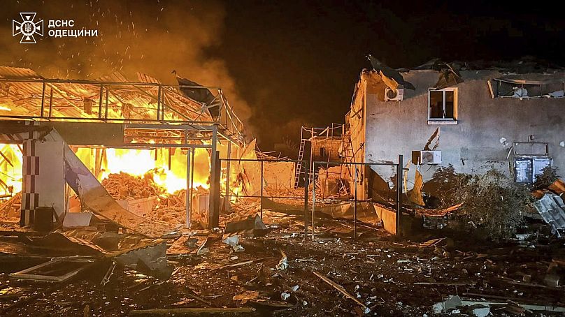 A fire following a Russian missile attack is seen in Tatarbunary, 23 September, 2025
