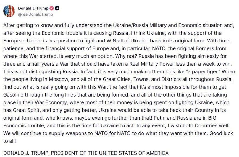 US President Donald Trump's post on Truth Social about Ukraine