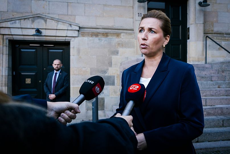 Danish Prime Minister Mette Frederiksen holds a doorstep and comments on drone activity at Copenhagen Airport, 23 September, 2025