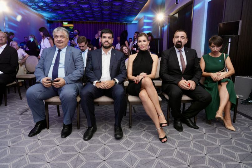 Euronews' Pedro Vargas David, Minja Miletić and Milutin Stjepović, and Telecom Srbija’s Vladimir Lučić in Podgorica, 23 September 2025