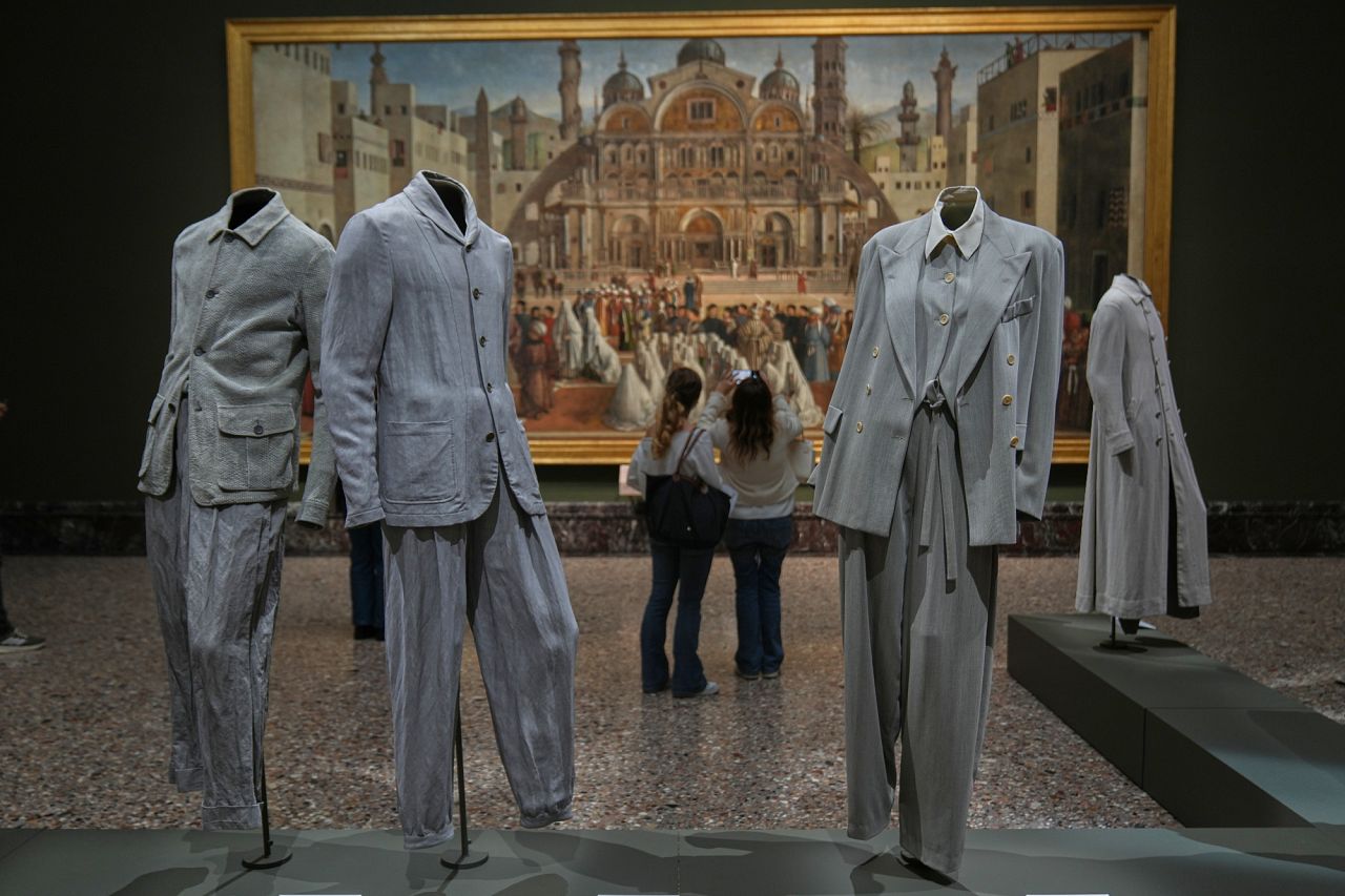 Giorgio Armani's creations are displayed during the exhibition "Giorgio Armani - 50 Years"