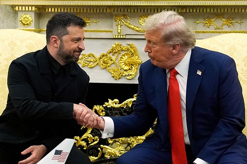 FILE: US President Donald Trump shakes hands with Ukraine's President Volodymyr Zelenskyy in the Oval Office of the White House, 18 August 2025