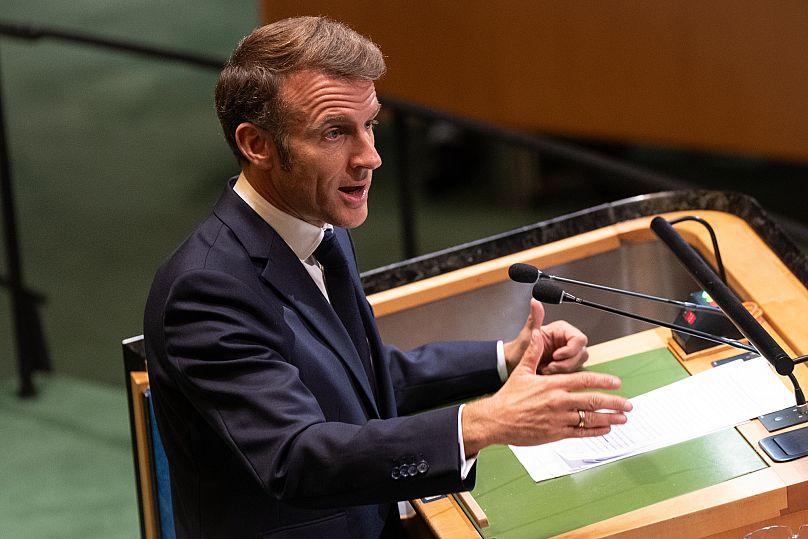 Президент Франции Эммануэль Макрон выступает на Генеральной Ассамблее ООН в Нью-Йорке, 23 сентября 2025 г.
