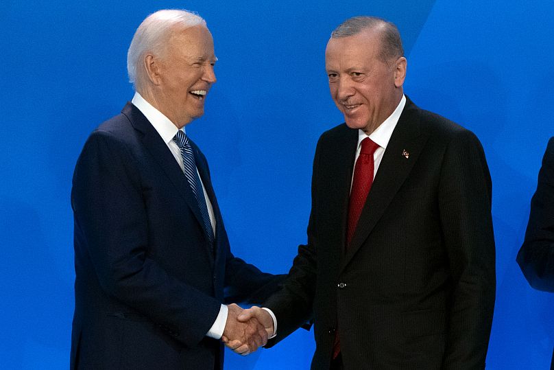 Former US President Joe Biden greets Recep Tayyip Erdoğan at the NATO summit in Washington, 10 July, 2024