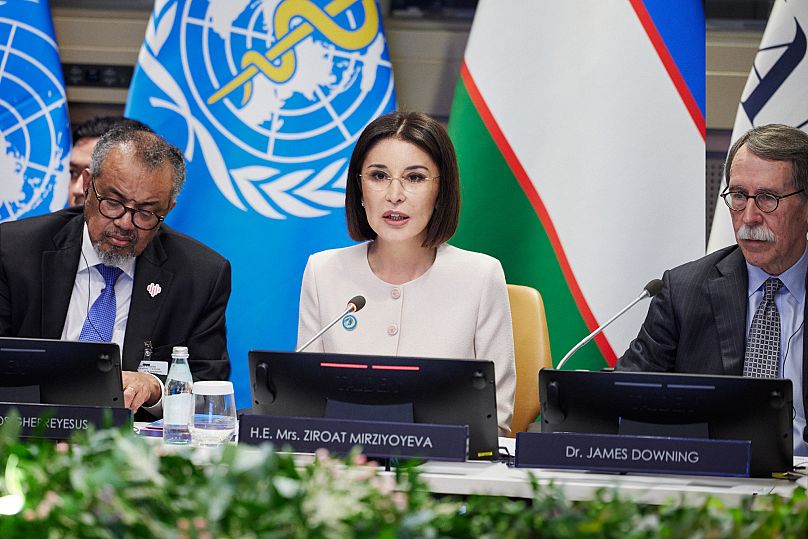 WHO Director-General Dr.Tedros Adhanom Ghebreyesus, Uzbekistan's First Lady, Ziroat Mirziyoyeva, and  St. Jude Children’s Research Hospital President James R. Downing 
