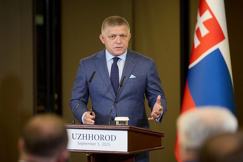 Prime Minister of Slovakia Robert Fico speaks during a joint press conference with Ukrainian President Volodymyr Zelenskyy in Uzhhorod, 5 September, 2025