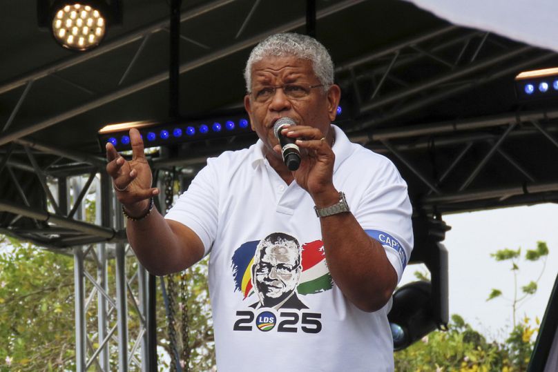 President Wavel Ramkalawan of the Republic of Seychelles and presidential candidate for Linyon Demokratik Seselwa at a campaign rally in Victoria, Seychelles, Sep 21, 2025