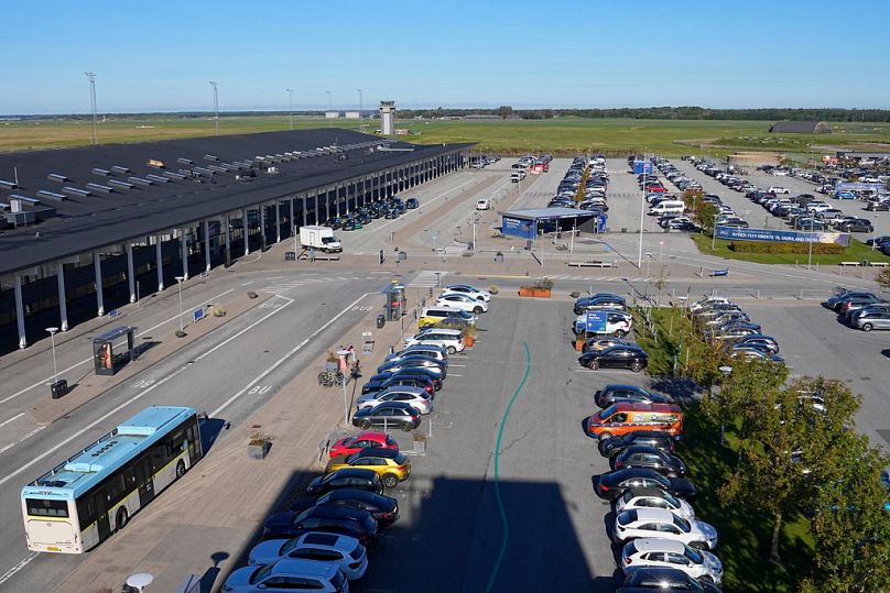 Aalborg Airport in Denmark after drones were observed on the airport overnight into Thursday, and the airspace over the airport was closed, Thursday, Sept. 25, 2025
